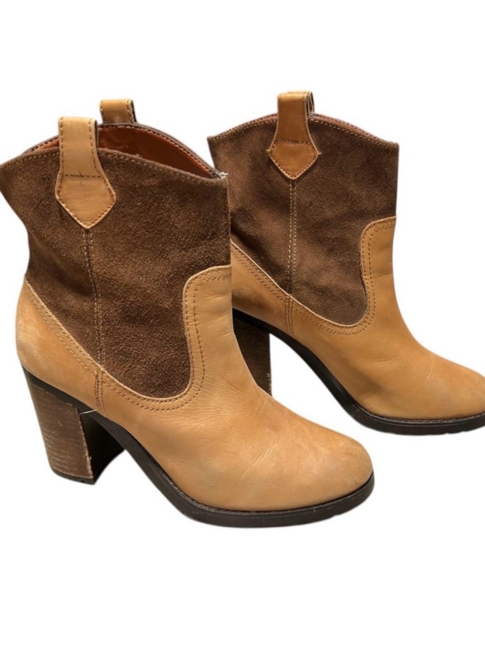 Y2K Lauren Ralph Lauren Women's Tan Suede Mix Western Ankle Boots Size 7B